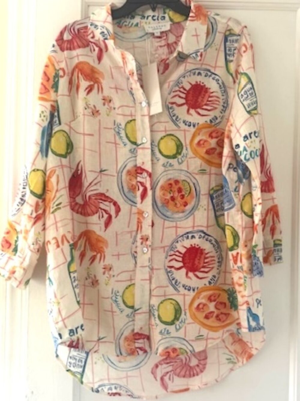Calypso St. Barth Cream Button-Down Shirt with Multicolor Seafood Print